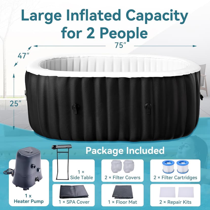 2 Person Inflatable Hot Tub, Oval Portable Hot Tub, Leak-Proof Blow up Hot Tub with 100 Air Jets, PVC Outdoor Spa with Insulated Cover & Heater Pump, 75” L X 47”W X 25”H