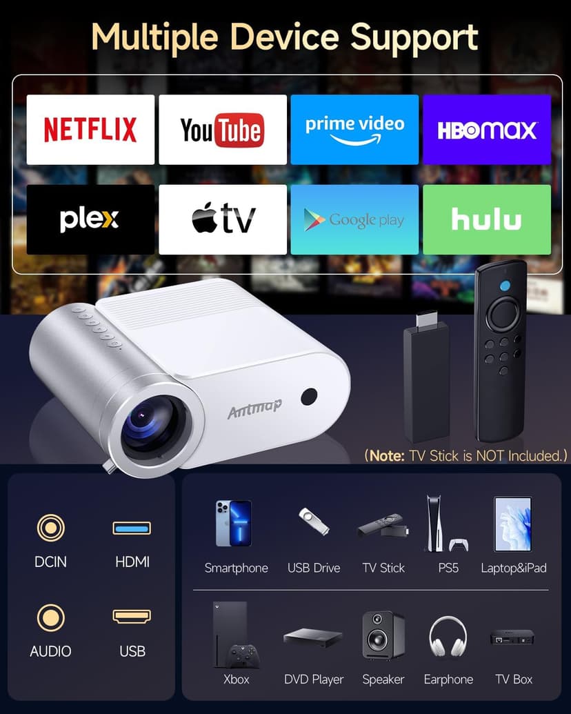 Outdoor Projector With WiFi and Bluetooth, 1080P Movie Projectors for Phone, Home Theater Projector for Bedroom, 200” Screen Wireless WiFi Projector with 3W Speaker for iPhone/HDMI/USB/TV Stick