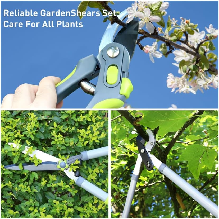Garden Loppers Hedge Clippers, Updated 3PCS Garden Pruning Shears Combo Set, Branch Cutter with Compound Action, Chops Thick High Branch Ease, Professional Tree Trimmer Set Heavy Duty