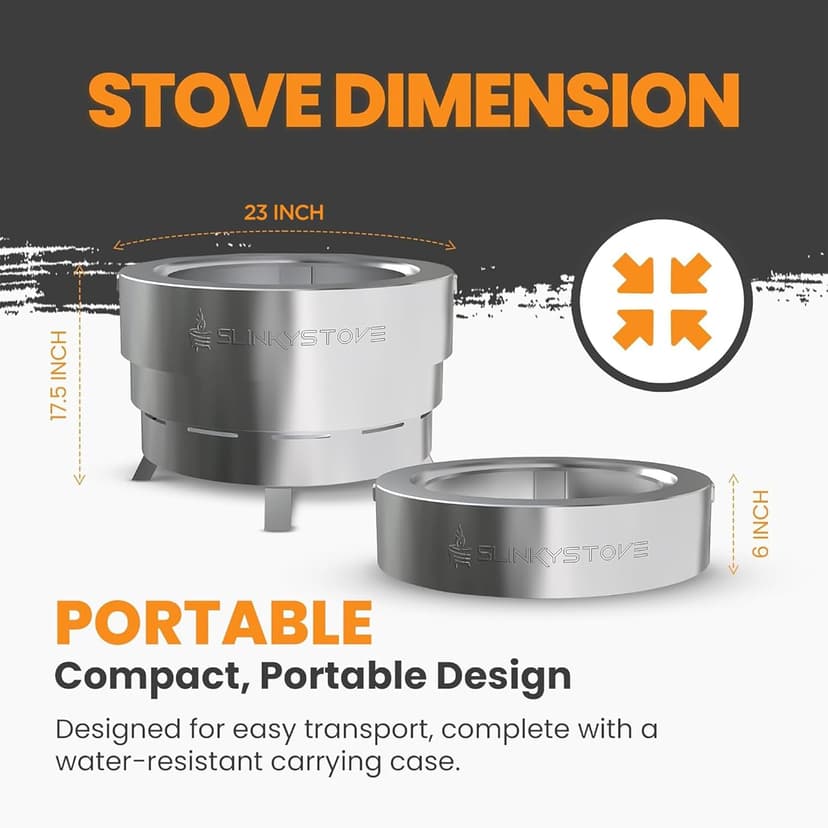 Slinky Stove 23-inch Smokeless Firepit – Lightweight, Compact & Portable with Carry Bag, Collapsible Design for Camping, Backyard Gatherings, Bonfires, and Outdoor Wood-Burning – Stainless Steel