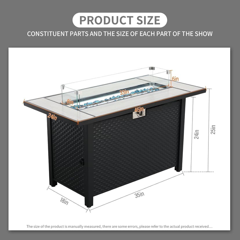45 Inch Fire Table for Outside 60000 BTU Steel Gas Fire Pit Outdoor Fire Pit Table with Woodgrain Marble Tabletop Glass Wind Guard Cover and Blue Crystal Beads