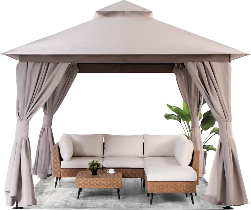 LAUSAINT HOME Outdoor Patio Gazebo with Expansion Bolts, Double Roof Soft top Gazebos Shelter Party Tent with Mosquito Nettings and Privacy Screens for Backyard, Deck, Garden, Lawn (10x10, Khaki)