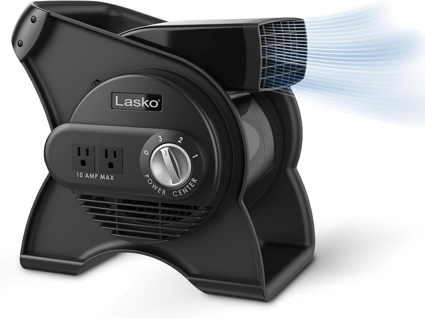 Lasko 12” Utility Fan for Job Site or Home Use, 289 CFM, Pivoting High Velocity Blower Fans, 3 Speeds, 2 Accessory Outlets 120V, Black, U12104