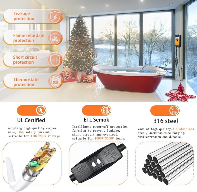 1300W 110-120V Submersible Immersion Water Heater - Portable Bucket Heater for Hot Tubs/Bathtubs/Small Pools, 316SS GFCI Leakage Protection Plug Water Heater with Adjustable Temp & Rustproof