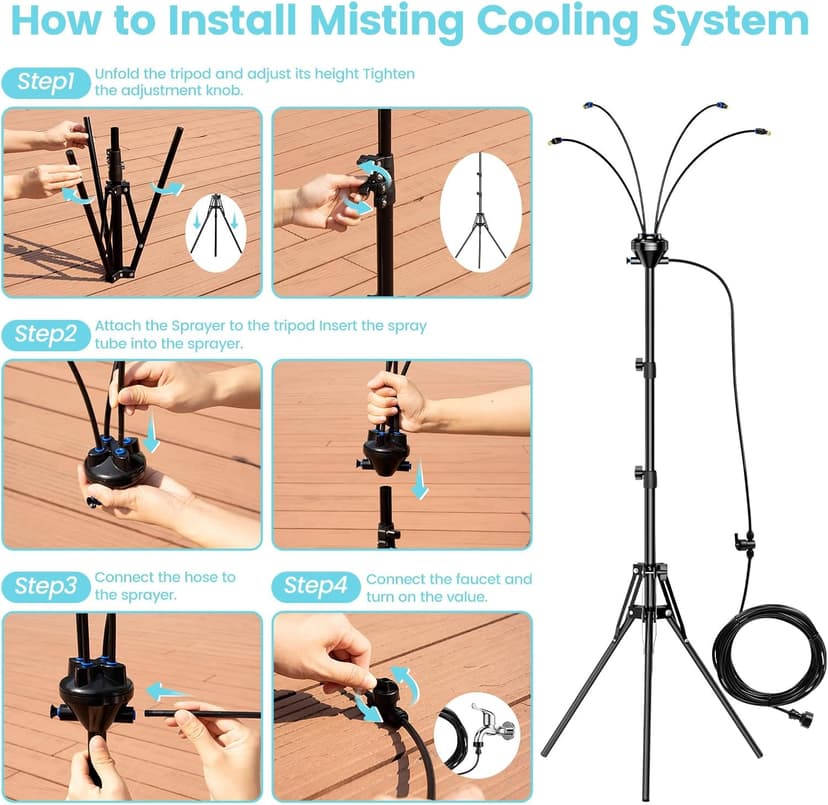 Standing Misters for Outside Patio - Adjustable 5.3FT Portable Misting System Cooling Outdoor 32.8Ft Stand Misting Long Water Line for Kids Mist Playing, Patio Cooling, Backyard, Porch, Sprinkler