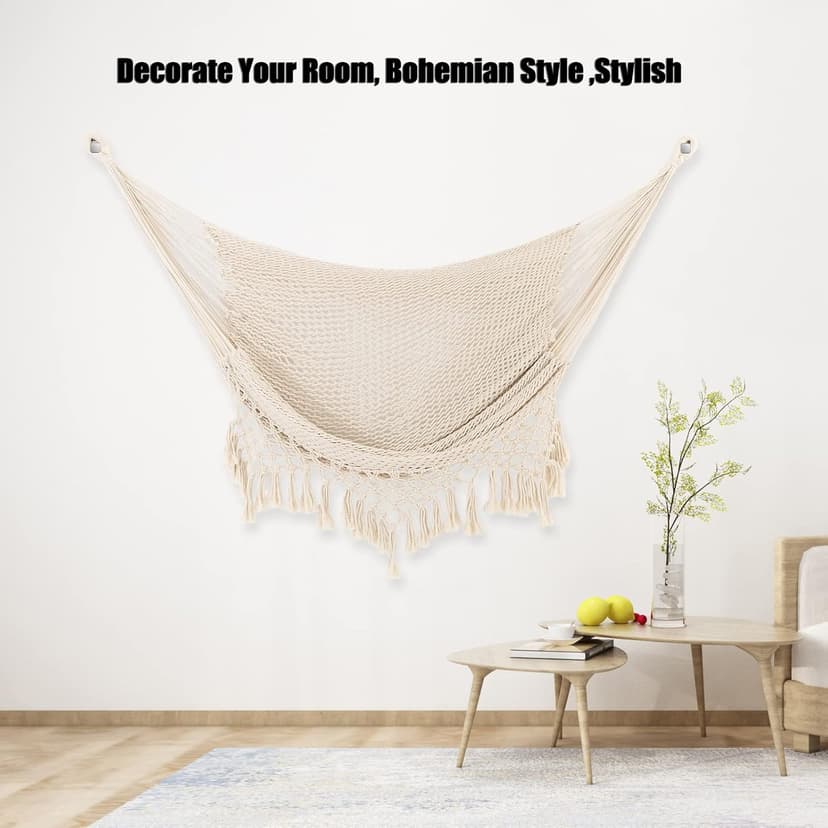 Hammock Chair，Max 330lbs, Large Hanging Chair, Soft Cotton Rope Swing Chair with High Load-Bearing Metal Rod,Indoor Outdoor Garden Yard Living Room Use Beige