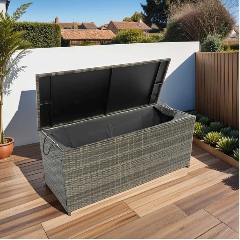Rattan Outdoor Storage Box with Waterproof Liner, Portable Dual-Purpose Patio Deck Box & Side Table