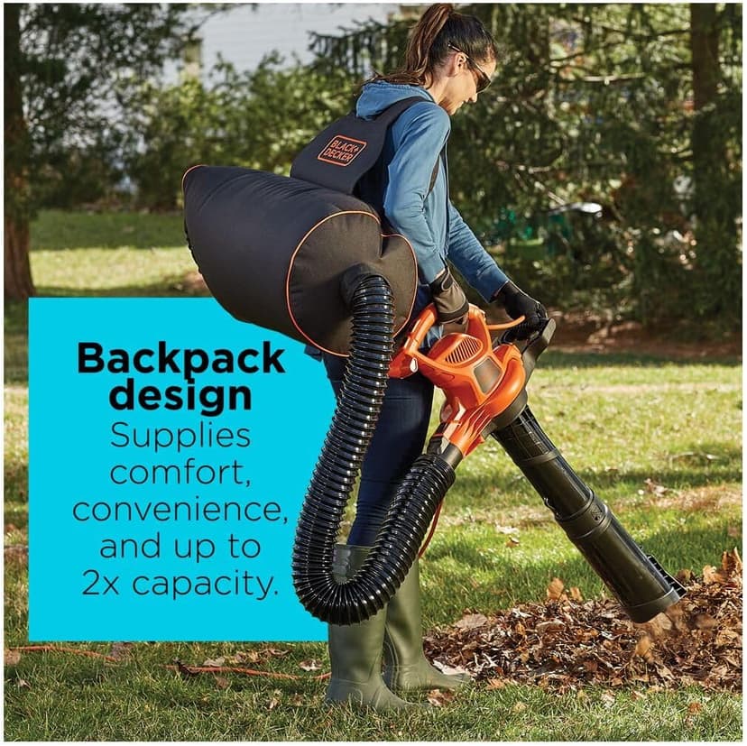 BLACK+DECKER Electric Leaf Blower, Leaf Vacuum and Mulcher 3 in 1, 250 mph Airflow, 400 cfm Delivery Power, Reusable Bag Included, Corded (BEBL7000)