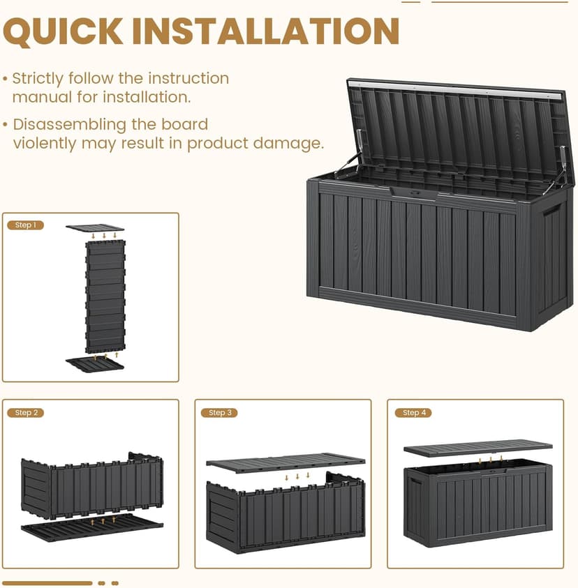 Deck Box, 81 Gallon Outdoor Storage Box Lockable Patio Waterproof for Furniture, Garden Tools,Sports Equipment and Pool Supplies, Waterproof, Resin, Lockable