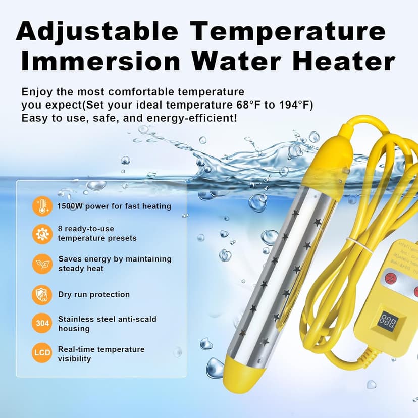 Portable Water Heater – 1500W Immersion Heater for Bathtub, Bucket, Hot Tub, and Mini Inflatable Pool – Fast Heating with Rust-Resistant 304 Stainless Steel Cap