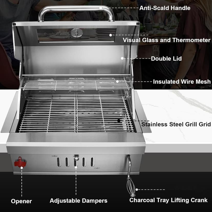 Built In Charcoal Grills Outdoor Kitchens,28-Inch Stainless Steel Charcoal bbq Grill Built In with Liftable Charcoal Tray,Insulated Hood, Temperature Gauge and Rain Fabric cover (Round Lid)