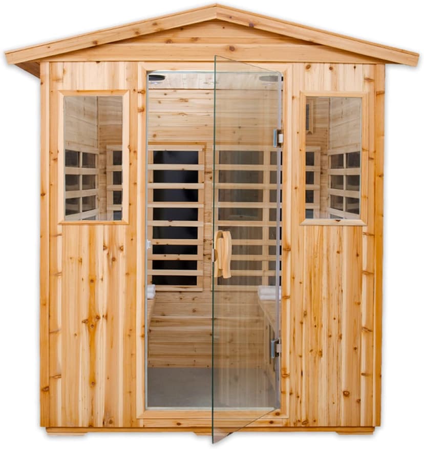 Outdoor Infrared Sauna 4 Person Far Infrared Saunas Low EMF Sauna Room for Home, 2050watt Canadian Hemlock Wooden Large Sauna with Blue-Tooth, 2 LCD Control, 4 Chromo Therapy Lighting