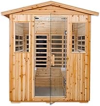 Outdoor Infrared Sauna 4 Person Far Infrared Saunas Low EMF Sauna Room for Home, 2050watt Canadian Hemlock Wooden Large Sauna with Blue-Tooth, 2 LCD Control, 4 Chromo Therapy Lighting