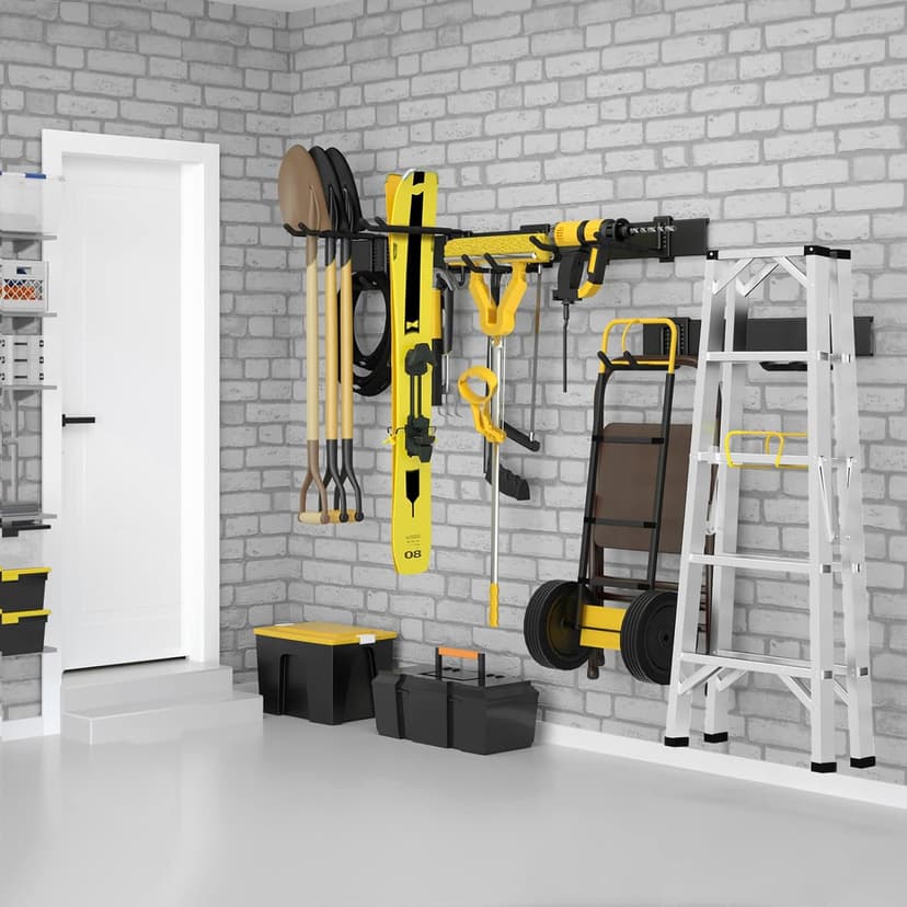 Garage Storage, Garage Organization, Wall Mount Garden Tool Organizer 48 Inches, 440lbs Adjustable Heavy Duty Metal Hooks, Yard Shed Rack Holder System Hanging Rake Broom Mop Snowboard, Men Gift