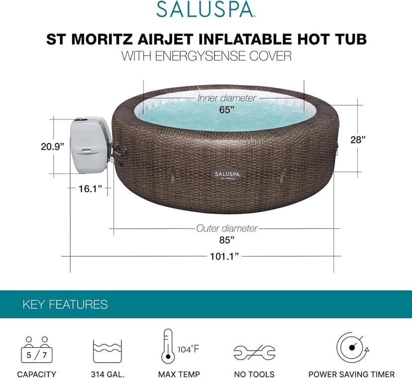 Bestway SaluSpa St Moritz AirJet 5 to 7 Person Inflatable Hot Tub Round Portable Outdoor Spa with 180 AirJets and EnergySense Energy Saving Cover