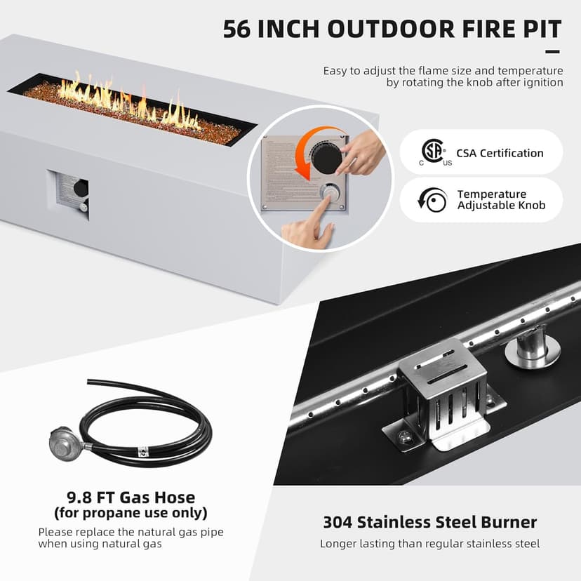 UPHA 56 inch Outdoor Gas Rectangle Fire Pit Table 50000 BTU Propane Iron Firepit for Outside Patio with Tank Cover, Removable Lid, Gold Reflective Glass, Lava Rocks, Rain Cover, White