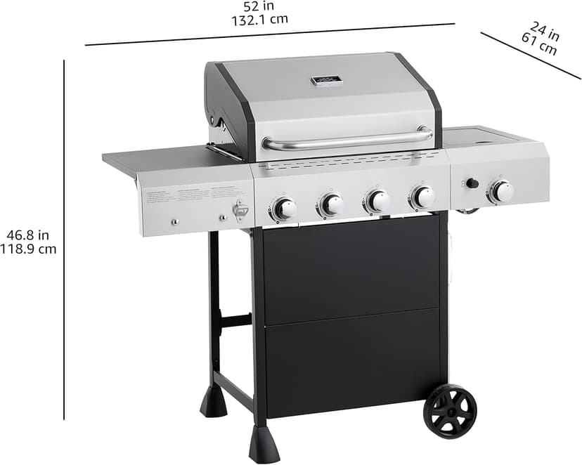Amazon Basics Freestanding Gas Grill with Side Burner, 4 Burner (52,000 BTU), Black