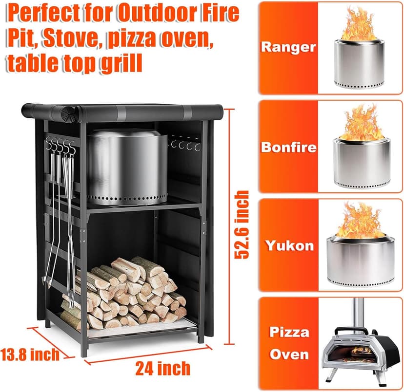 Storage Station 4.5ft for Solo Stove Yukon, Bonfire, Ranger and other Fire Pit Stove, Firewood Storage Cabinet with Waterproof Cover, Adjustable Firewood Rack for logs and Fire Pit Accessories