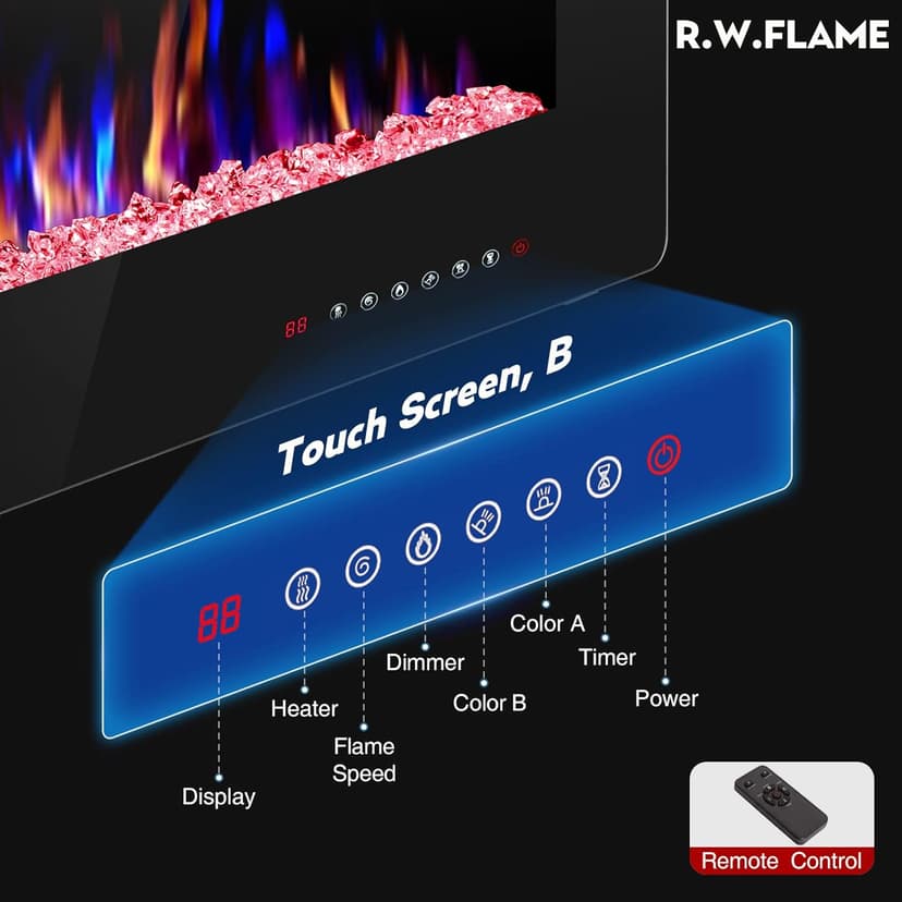 R.W.FLAME 60" Recessed and Wall Mounted Electric Fireplace, Low Noise, Fit for 2 x 6 Stud, Remote Control with Timer, Touch Screen, Adjustable Flame Color and Speed, 750-1500W