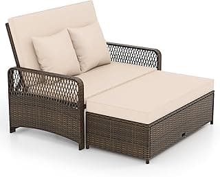 Tangkula Patio Adjustable Wicker Daybed, Rattan Loveseat & Storage Ottoman w/ 4-Level Backrest & Soft Cushions, Space-Saving 2-Person Sun Lounger for Backyard, Porch (Beige)