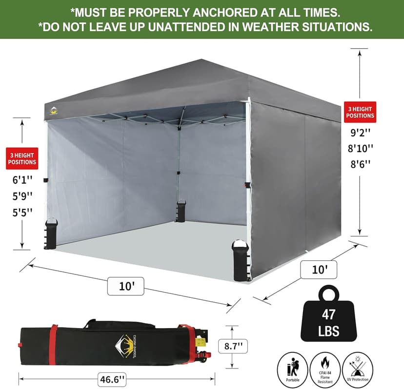 CROWN SHADES 10X10 Comercial Instant Canopy Pop Up Tent with Center Lock (10x10 with 4 Sidewalls, Grey)