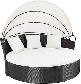 Homall Patio Outdoor Daybed with Retractable Canopy, Rattan Wicker Sectional Seating with Washable Cushions for Patio Backyard Porch Round Daybed Separated Seating (Beige)