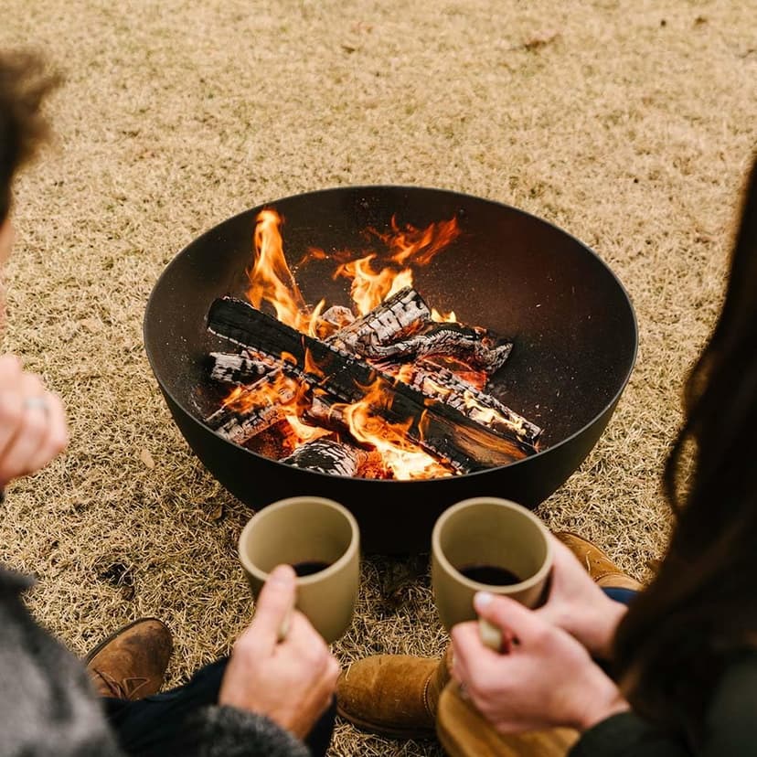 Ash & Ember 29" Hemisphere Fire Pit, Wood Burning Backyard Fireplace, Round Flat Flanged Base, Cast Iron High-Temp Black Paint Fire Bowl, Portable Outdoor Firepit