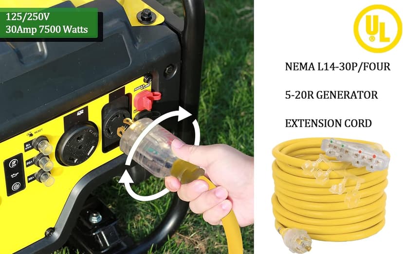 S7 25 Feet Heavy Duty Generator Adaptor Extension Cord,Locking Cord,NEMA L14-30P/Four 5-20R, Generator Power Cord