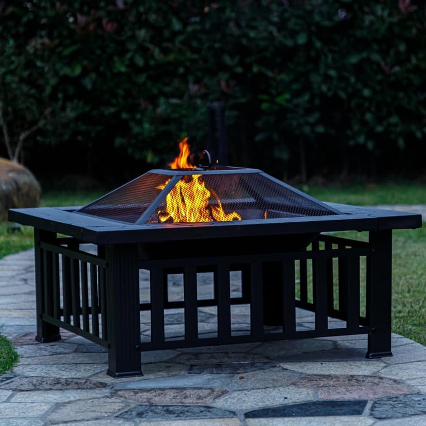 Multifunctional Fire Pit Table 32 inch Square Metal Firepit Stove Backyard Patio Garden Fireplace for Camping, Outdoor Heating, Bonfire and Picnic