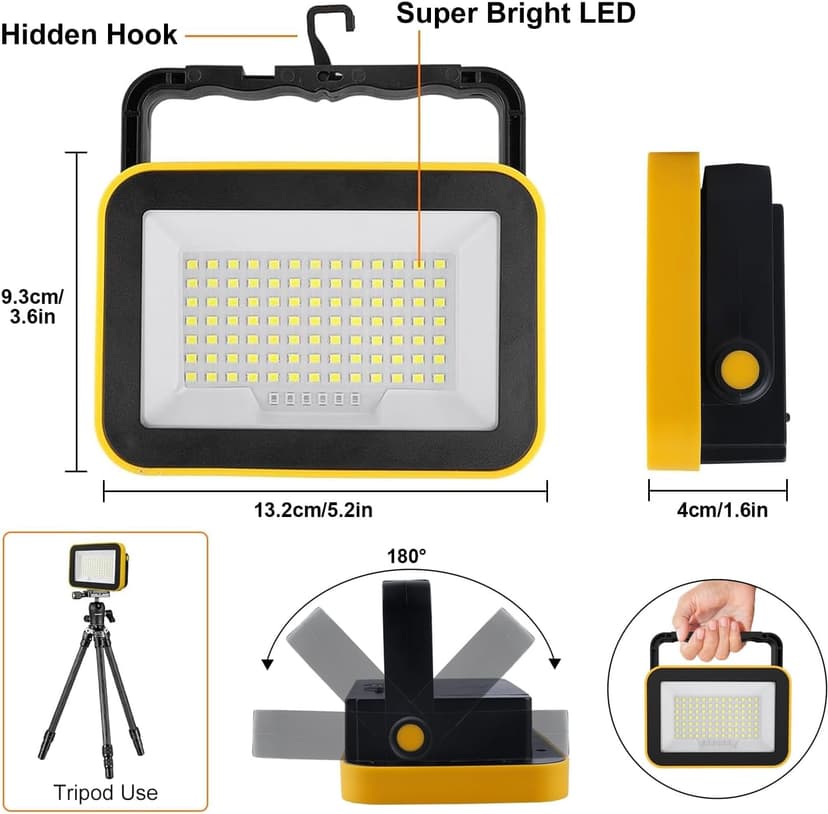 T-SUN Battery Work Light Rechargeable Portable Flood Light Cordless LED Work Light with Tripod Hole IP65 Waterproof Trouble Light USB Powered for Camping Car Repaire Job Site