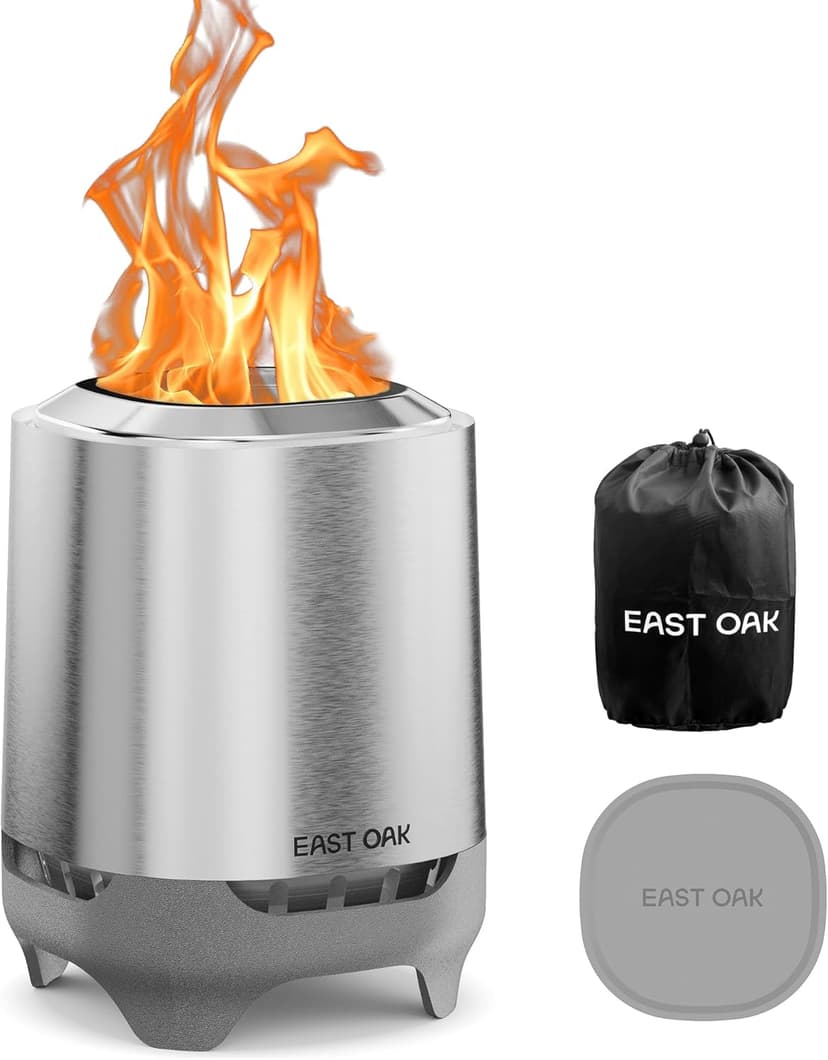 EAST OAK Brasa Smokeless Tabletop Fire Pit, 304 Stainless Steel Mini Tabletop Firepit for Patio and Outdoor Camping, Removable Ashtray, Dual-Fuel Stove, Silicone Pad & Travel Bag, H: 10.1" x D: 7"