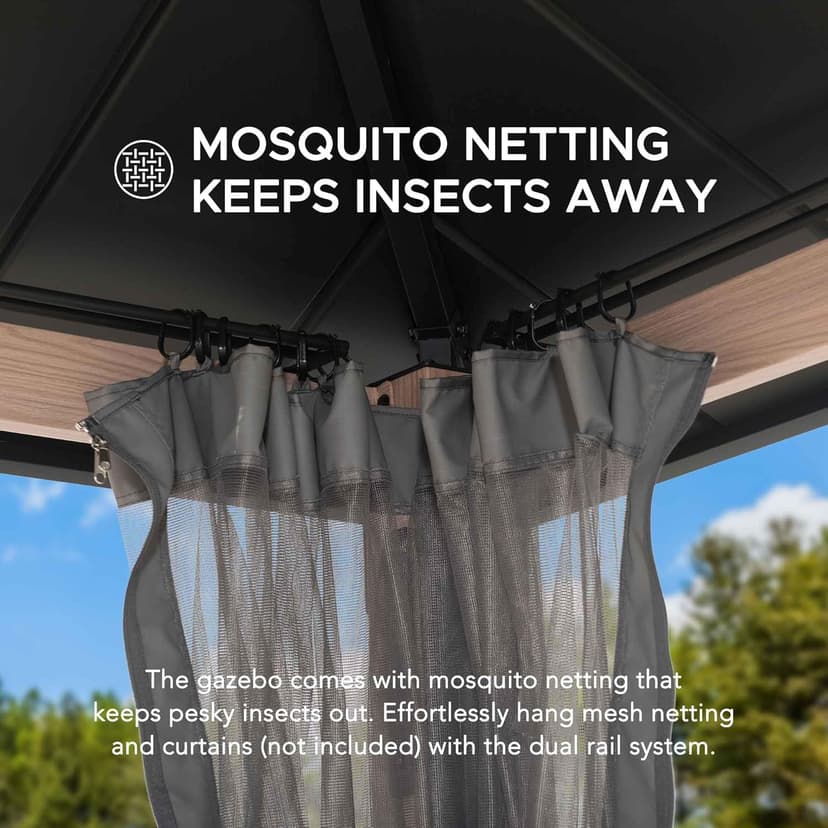 Sunjoy Hardtop Gazebo 10 x 12 ft. Outdoor Patio Gazebo with LED Lights (Batteries Operated), Remote Control and Netting, Black