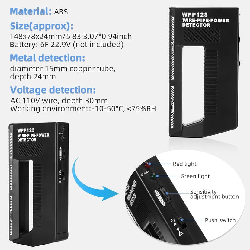 Wpp123 Metal Detector, Wire Pipe Power Detector, 3in1 Wall Scanner Metal Detectors High Sensitivity, Adjustable Wood Stud Finder Handheld Wall Scanner with Alarm for Indoor Decoration Structure