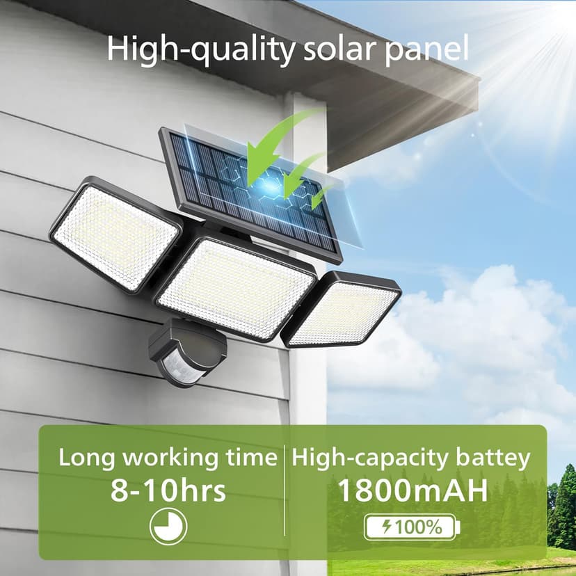 Philips Solar Security Light Outdoor 302 LED 1200lm，Solar-Powered Waterproof Wall-Mounted Flood Light w/PIR Motion Sensor, 3 Heads, IP65 Waterproof, 3 Modes (2 Packs)