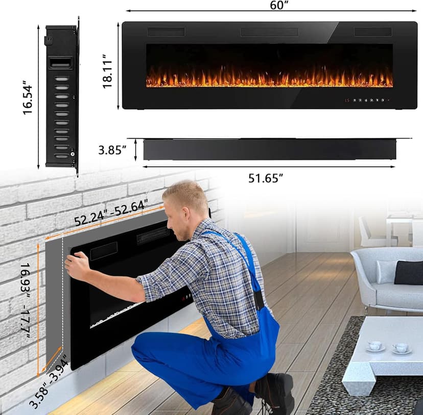 BOSSIN 60 inch Ultra-Thin Silence Linear Electric Fireplace, Recessed Wall Mounted Fireplace, Fit for 2 x 4 and 2 x 6 Stud, 12 Adjustable Flame Color & Speed,Touch Screen Remote Control with 8h Timer