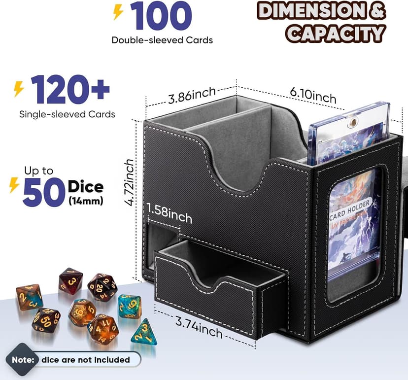 Flooyes MTG Commander Deck Box, Card Storage Box Fits 100 Double-Sleeved Cards, 35pt Card Brick, Dice Tray & Dice Pool, PU Leather Strong Magnet Card Deck Case for Magic Commander TCG CCG, Black/Grey