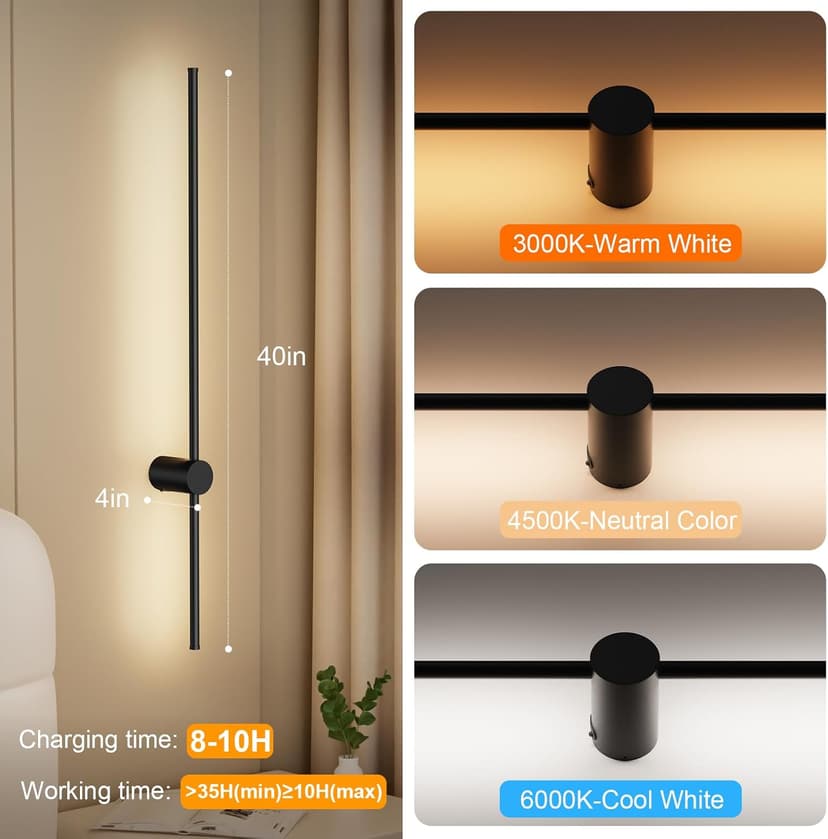 NIORSUN 40 Inch Battery Operated Wall Sconce Set of 2,Black Minimalist Rechargeable LED Wall Lights with Remote, 18 Colors Dimmable Wireless Wall Lamp for Living Room Bedroom Hallway