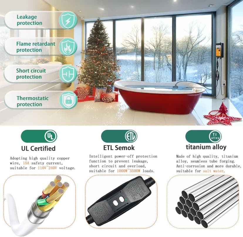 1800W Titanium Portable Fully Submersible Electric Pool And Hot Tub Immersion Water Heater - Gfci Plug, Thermostat For Bathtub, Inflatable, Swimming Above Ground Pools,Baptistry, Baptismal Pool