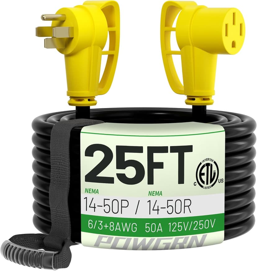 50 Amp RV/EV Extension Cord 25 FT Outdoor with Grip Handle, Flexible Heavy Duty 6/3+8/1 Gauge STW 4 Prong RV Power Cord Waterproof, NEMA 14-50P to 14-50R, Black-Yellow, ETL Listed