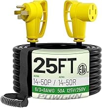 50 Amp RV/EV Extension Cord 25 FT Outdoor with Grip Handle, Flexible Heavy Duty 6/3+8/1 Gauge STW 4 Prong RV Power Cord Waterproof, NEMA 14-50P to 14-50R, Black-Yellow, ETL Listed