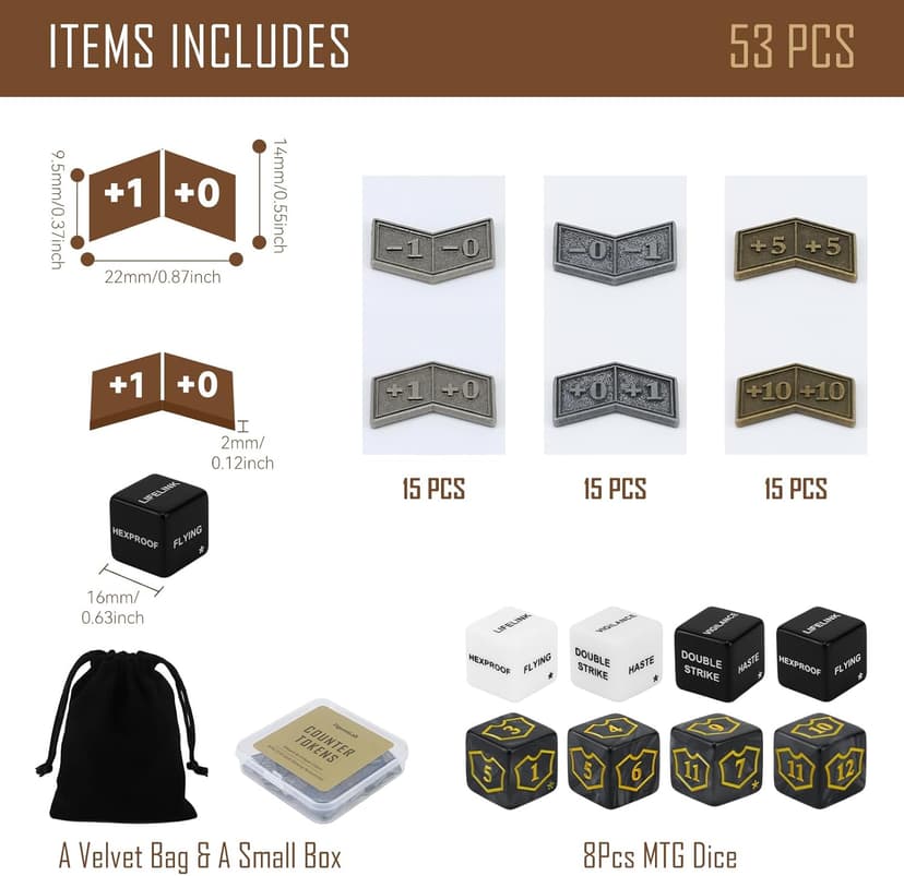 53Pcs MTG Antique Metal Buff Counter Tokens & MTG Keyword/Counters Dice Set, Magic Card Creature Stats or Loyalty Counter for TCG Card Gaming Accessories with Velvet Bag & Box