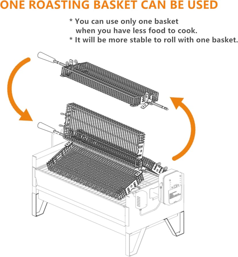Onlyfire 2 IN 1 Charcoal Grill Rotisserie Kit with 3 Stainless Steel Rotating Baskets and 24 In Grill Grate, Auto Swivel BBQ Roasting Machine for Outdoor Patio Backyard Barbecue, GS304
