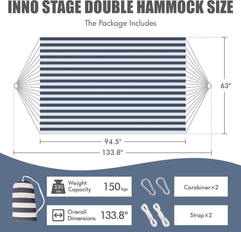 INNO STAGE Double Hammock - 2 Persons Portable Hanging Camping Bed, Blue, 118.3"L x 63"W, 350Lbs Capacity, Polyester, Supports Up to 350 lbs
