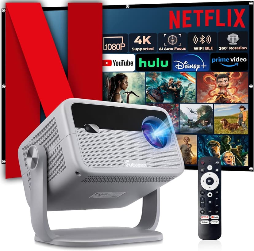 【Netflix Officially Licensed & Auto Image Set-up】Smart Projector with WiFi and Bluetooth,600 ANSI Native 1080P Voice Control Outdoor Mini Projector, 360° Rotation 4K Support Home Projector