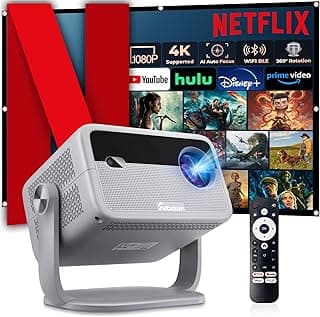 【Netflix Officially Licensed & Auto Image Set-up】Smart Projector with WiFi and Bluetooth,600 ANSI Native 1080P Voice Control Outdoor Mini Projector, 360° Rotation 4K Support Home Projector