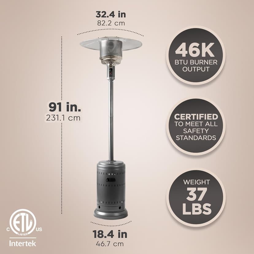Amazon Basics 46,000 BTU Outdoor Propane Patio Heater with Wheels, Commercial & Residential, Slate Gray, with water tank, 32.1 x 32.1 x 91.3 inches (LxWxH)