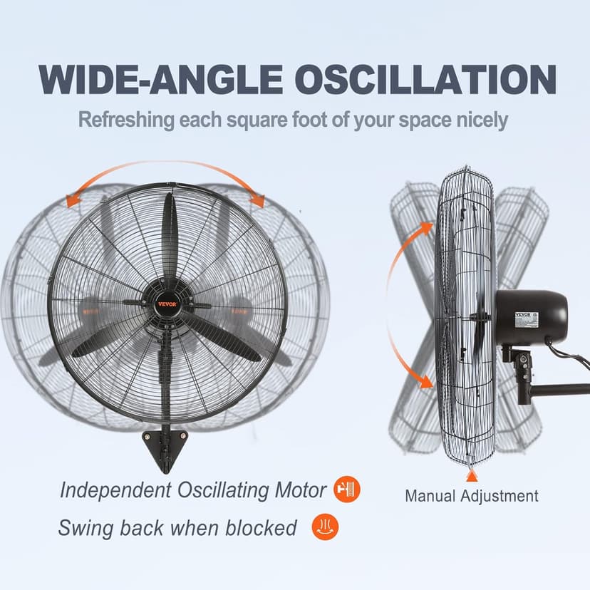 VEVOR 30 Inch Wall-Mount Misting Fan, 3-speed IP44 Waterproof Oscillating, Max. 9500 CFM Wall Mounted Fan for Outdoor, Commercial, Residential, Greenhouse, Workshop, Patio, Black, ETL Listed