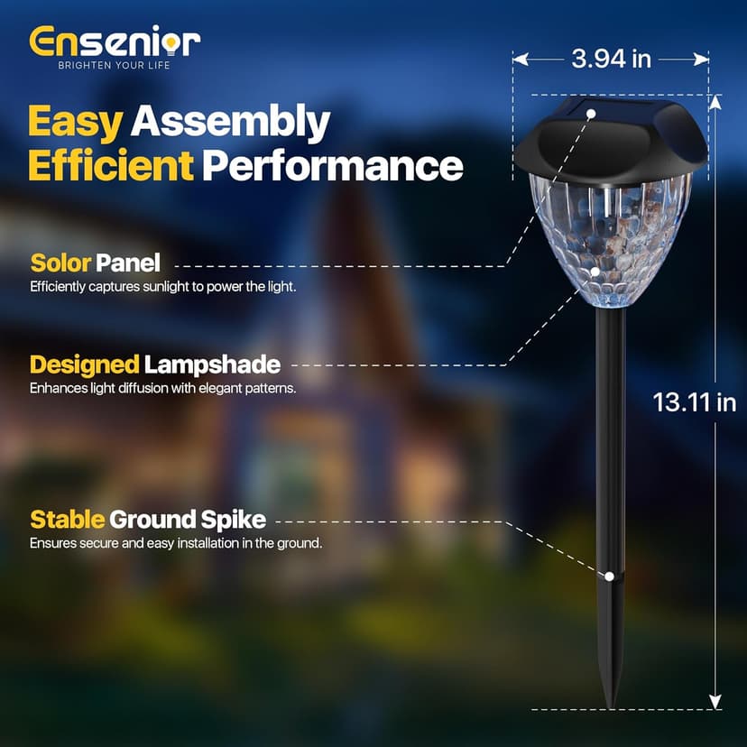 Ensenior 12-Pack Solar Lights Outdoor, Auto ON/Off 6500K LED Solar Garden Lights for Pathway, Yard, Patio, Walkway, Planter, Waterproof, Energy-Efficient Landscape Lighting