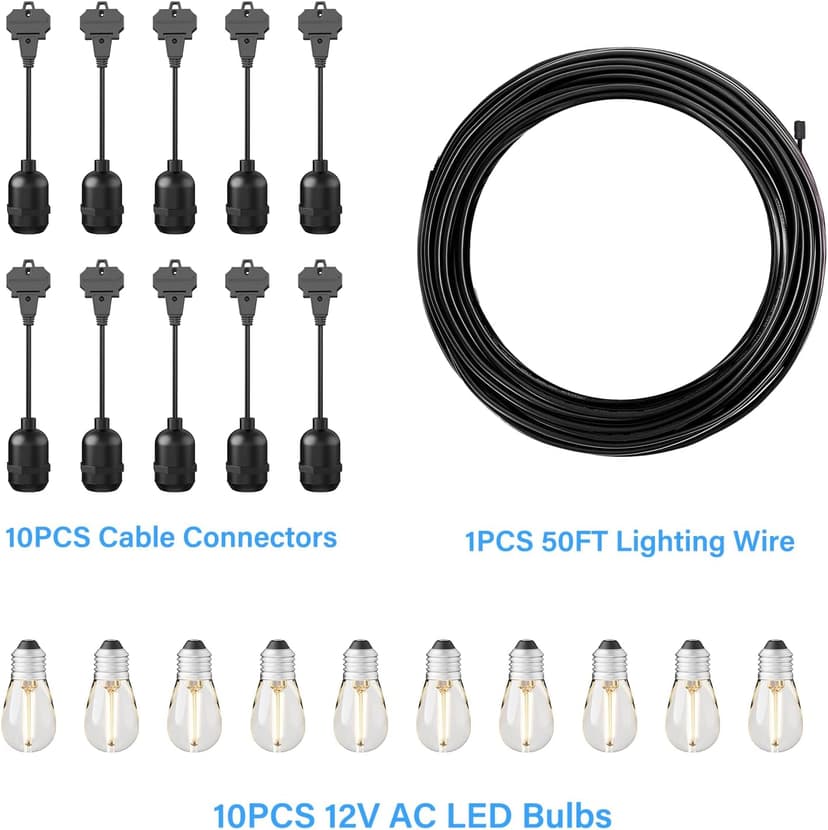 GOODSMANN LED Low Voltage String Lights 12V AC 50FT 10PCS 2W Bulbs 135 Lumens Hanging Landscape Lighting 2800K String Weatherproof Decorative Lights for Patio Lights