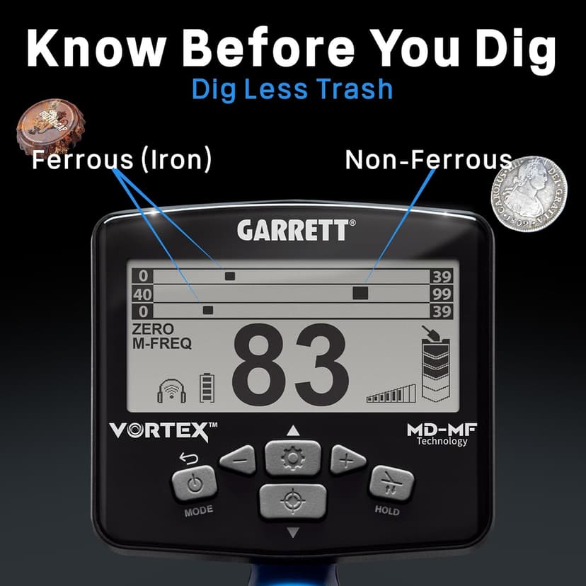 Garrett Vortex VX9 - Made in The USA - Metal Detector for Adults - MD-MF Tech - Waterproof to 16 ft, 8.5” x 11” Searchcoil, 7 Frequency Options, Three-Tiered Target ID Scales - Weighs 2.9 Pounds